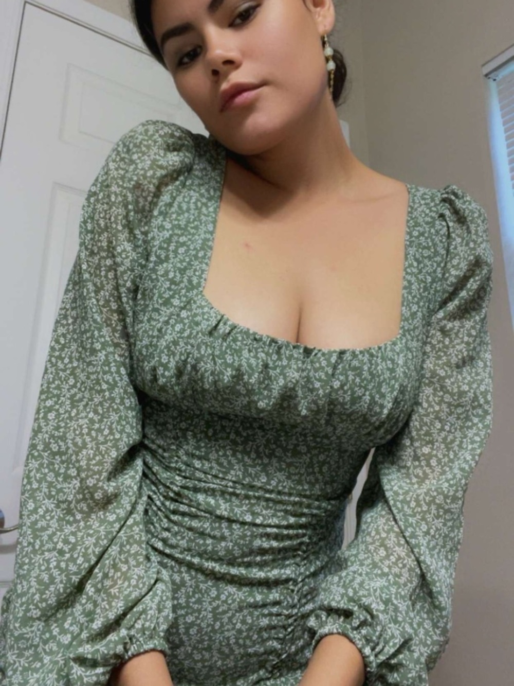 Forever 21 Olive Green Floral Ruched Long-Sleeve Dress